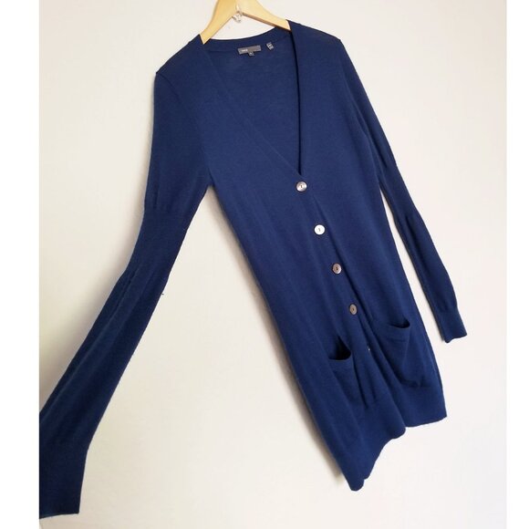 Vince 100% Cashmere V Neck Longline Cardigan S Lightweight Blue Button Pockets - Picture 11 of 16